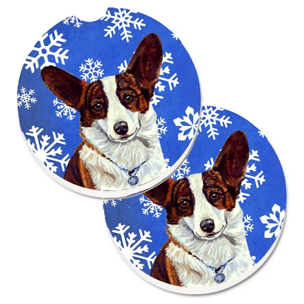 Carolines Treasures Corgi Winter Snowflakes Holiday Set of 2 Cup Holder Car Coaster LH9288CARC - main
